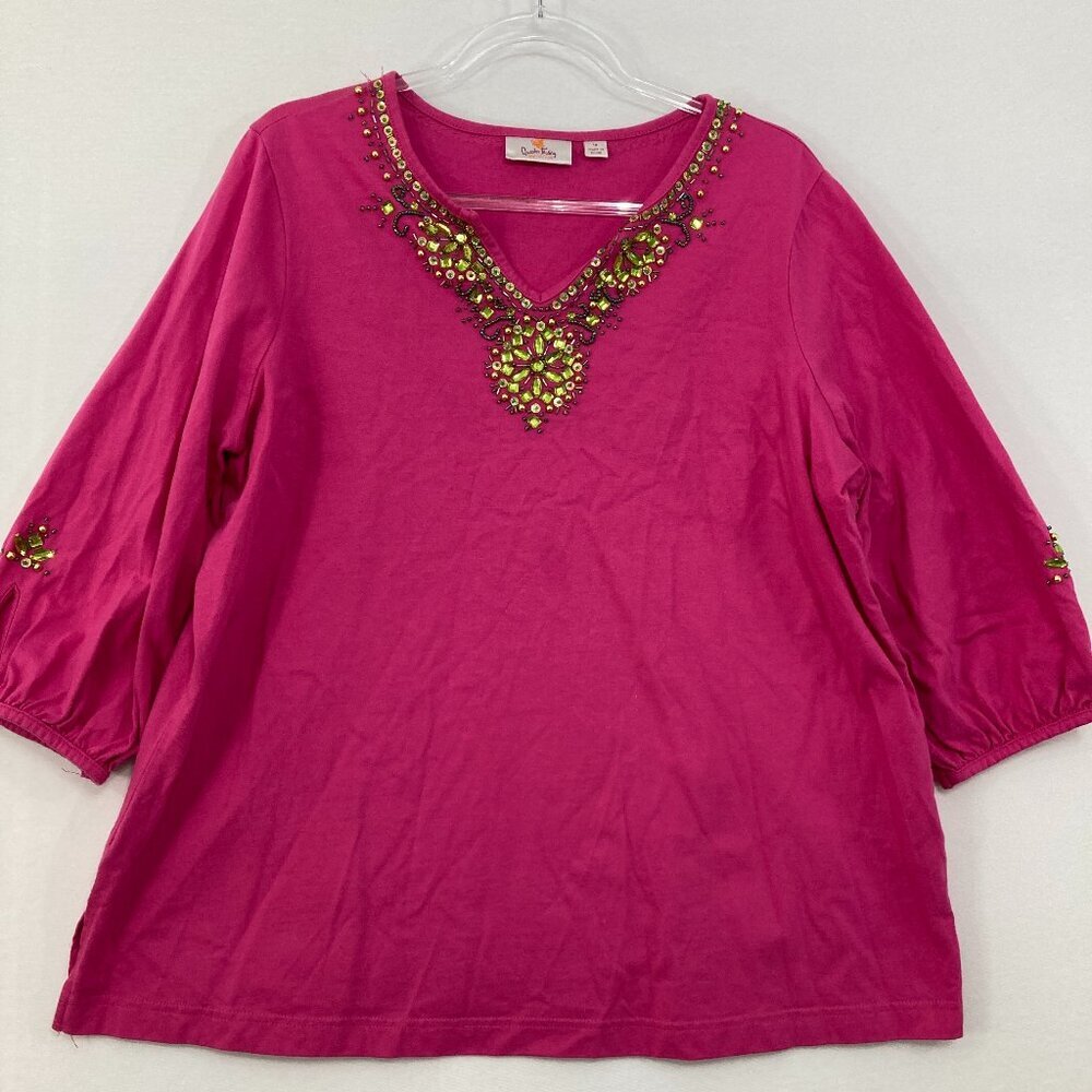 Quacker Factory size 1X Pink Beaded Sequins Stretch Cotton Evening Festival Top‎
